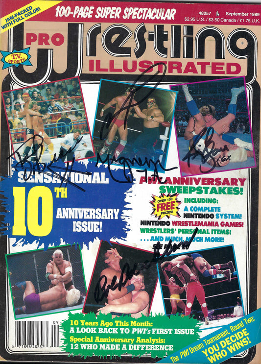 BD100 Ric Flair Ted DiBiase Road Warrior Animal Magnum TA Bob Backlund Autographed Vintage Wrestling Magazine w/COA