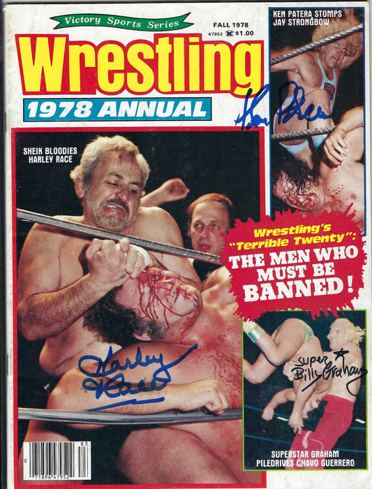 BD135 Harley Race ( Deceased ) Superstar Billy Graham Ken Patera Autographed VERY RARE Vintage Wrestling Magazine w/COA
