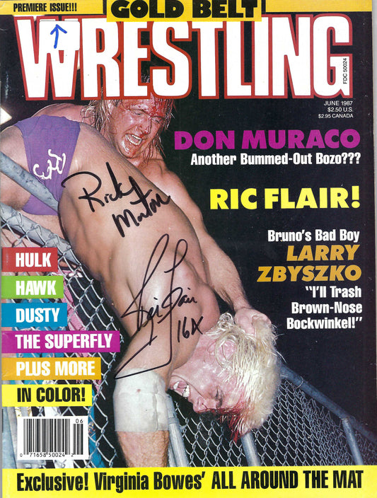 BD150 Ric Flair Ricky Morton Sgt. Slaughter Autographed VERY RARE Premiere Issue Vintage Wrestling Magazine w/COA