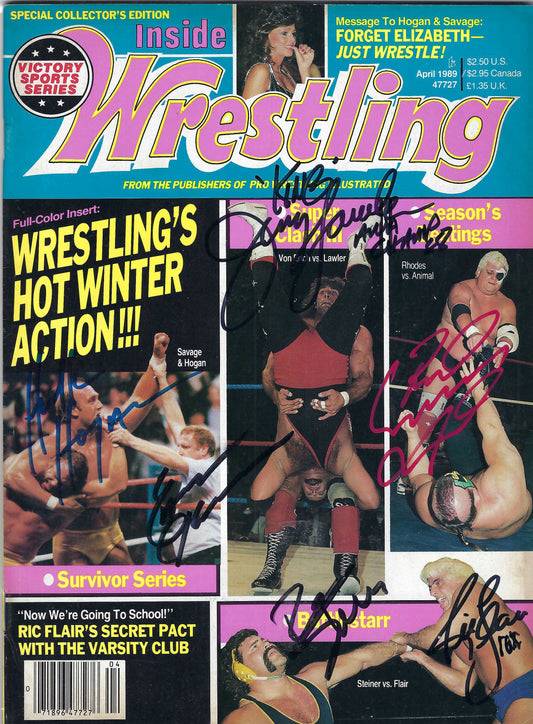 BD155 Hulk Hogan Rick Steiner Jerry Lawler Road Warrior Animal Earl Hebner Ric Flair Autographed VERY RARE Vintage Wrestling Magazine w/COA