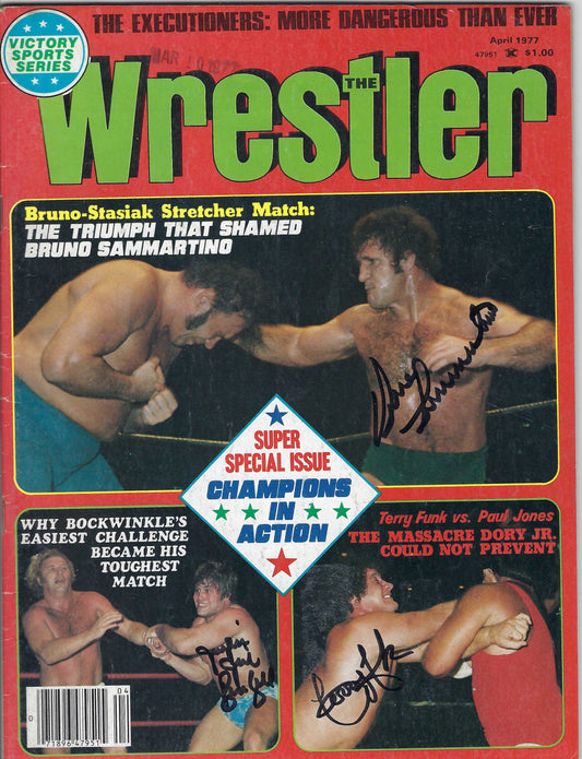 BD168 Bruno Sammartino Terry Funk Jim Brunzell Autographed VERY RARE Vintage Wrestling Magazine w/COA