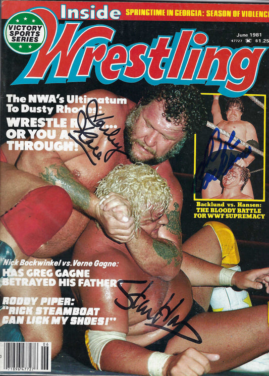BD201 Harley Race Bob Backlund Stan Hansen Autographed VERY RARE Vintage Wrestling Magazine w/COA
