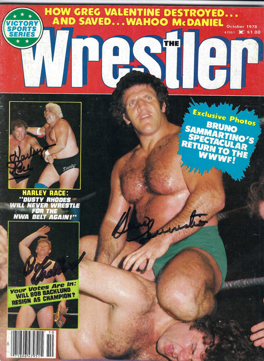 BD204 Bruno Sammartino Harley Race Bob Backlund Autographed VERY RARE Vintage Wrestling Magazine w/COA