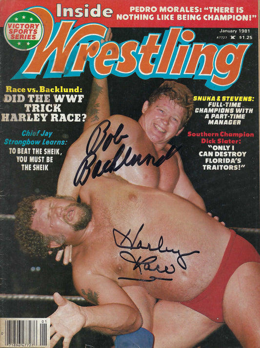 BD205 Harley Race Bob Backlund Autographed VERY RARE Vintage Wrestling Magazine w/COA
