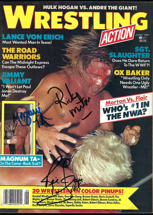 BD217 Ric Flair Ricky Morton Magnum TA Bobby Eaton Robert Gibson Autographed VERY RARE Vintage Wrestling Magazine w/COA