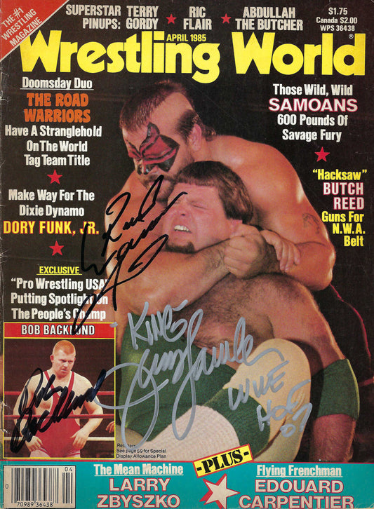 BD223 Road Warrior Animal Jerry Lawler Bob Backlund Abdullah the Butcher Ric Flair Autographed VERY RARE Vintage Wrestling Magazine w/COA