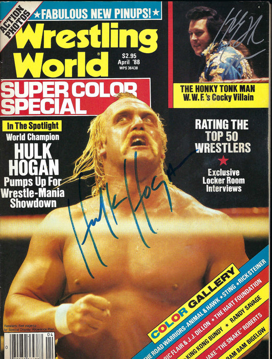 BD233 Hulk Hogan Honky Tonk Man King Kong Bundy Road Warrior Animal Autographed VERY RARE Vintage Wrestling Magazine w/COA