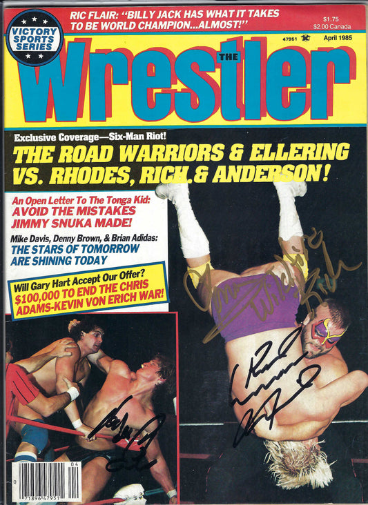 BD66 Road Warrior Animal (Deceased) Tommy Rich Kevin Von Erich Autographed Vintage Wrestling Magazine w/COA