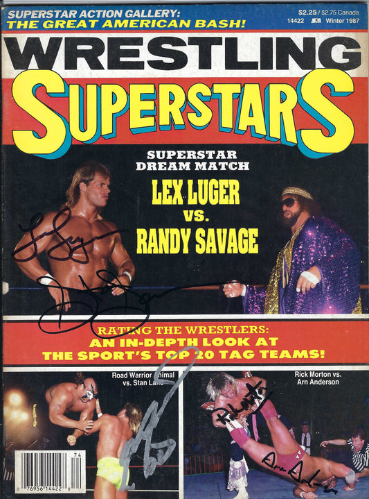 BD75 Lex Luger Road Warrior Animal Ricky Morton Arn Anderson Autographed Vintage Wrestling Magazine Poster w/COA