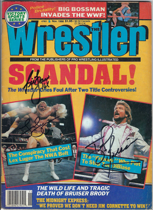 BD99 Ric Flair Lex Luger Ted DiBiase Autographed Vintage Wrestling Magazine w/COA