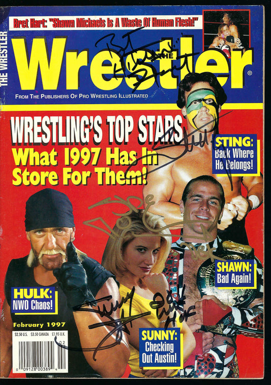 BM4 Bret Hart Sting Shawn Michaels Sunny Autographed Wrestling Magazine w/COA
