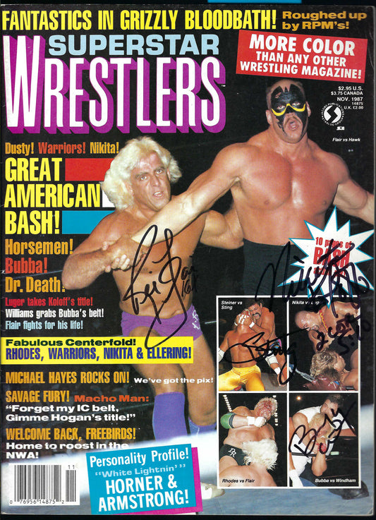 MBSM4 Misty Blue Simmes Ric Flair Sting Barry Windham Bobby Eaton Ricky Morton Autographed Vintage Wrestling Magazine w/COA