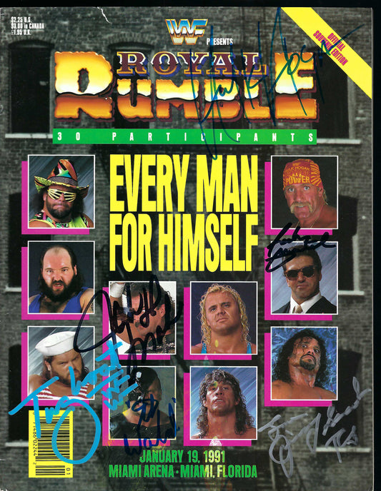 SAP2 WWF 1991 Hulk Hogan , Rick Martel , Superfly Jimmy Snuka , Tugboat , Warlord , Jake Roberts , Royal Rumble Autographed Wrestling Program w/COA
