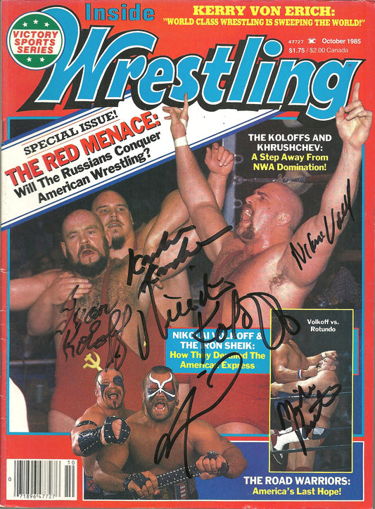 AM02 Ivan Koloff , Nikita Koloff , Khrusher Khruschev , Road Warrior Animal , Mike Rotundo , Nikolai Volkoff signed wWrestling Magazine w/COA