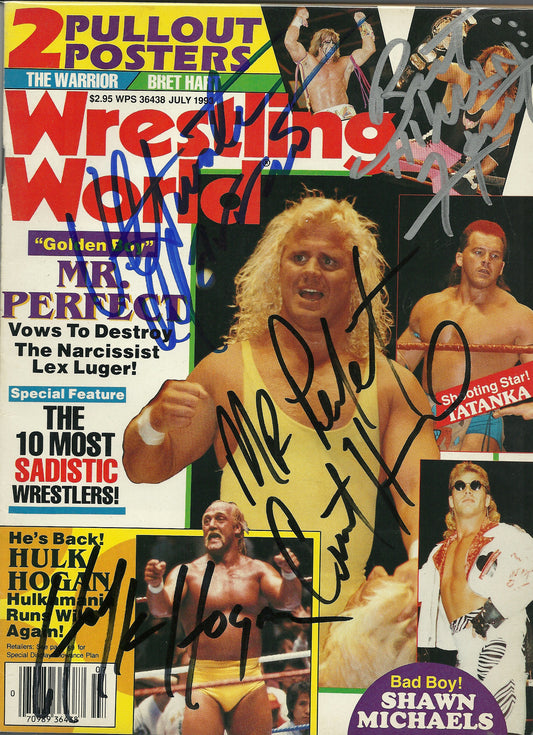 AM55 Hulk Hogan , Ultimate Warrior , Curt Henning , Bret Hart Autographed Wrestling Magazine w/COA