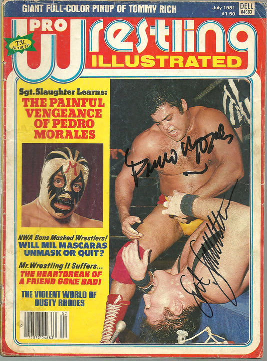 AM74 Pedro Morales ( Deceased ) Sgt. Slaughter Autographed Wrestling Magazine w/COA