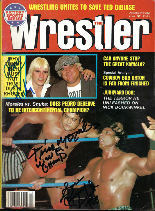 AM75 Pedro Morales ( Deceased ) Superfly Jimmy Snuka ( Deceased ) Wildfire Tommy Rich Autographed Wrestling Magazine w/COA