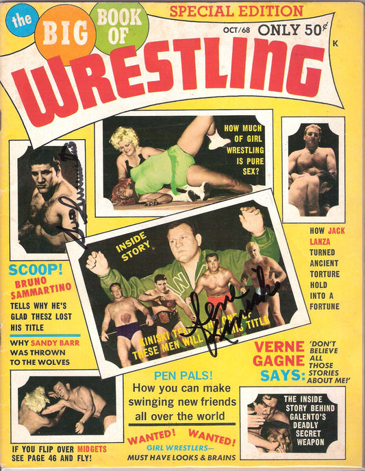 AM86 Gene Kiniski Bruno Sammartino ( Both Deceased ) Autographed Wrestling Magazine w/COA