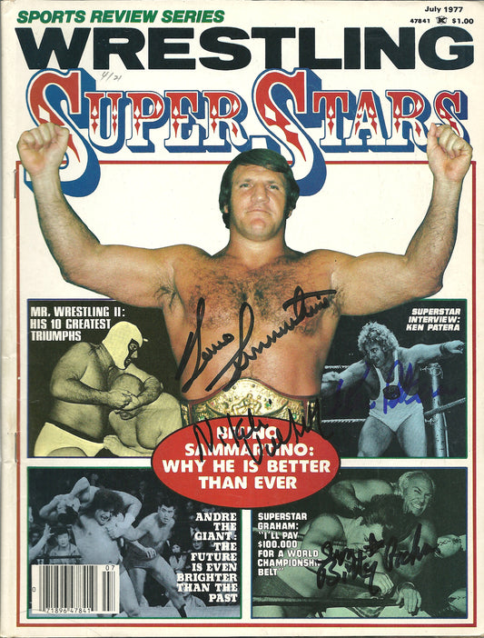 AM91 Bruno Sammartino , Nikolai Volkoff ( both Deceased ) Superstar Billy Graham , Ken Patera Autographed Wrestling Magazine w/COA