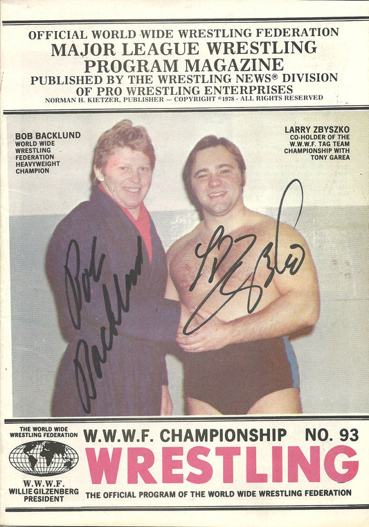 AM185 Bob Backlund Larry Zbyszko Autographed vintage Wrestling Magazine w/COA