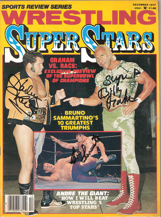 AM198 Bruno Sammartino ( Deceased ) Harley Race ( Deceased ) Superstar Billy Graham Autographed vintage Wrestling Magazine w/COA