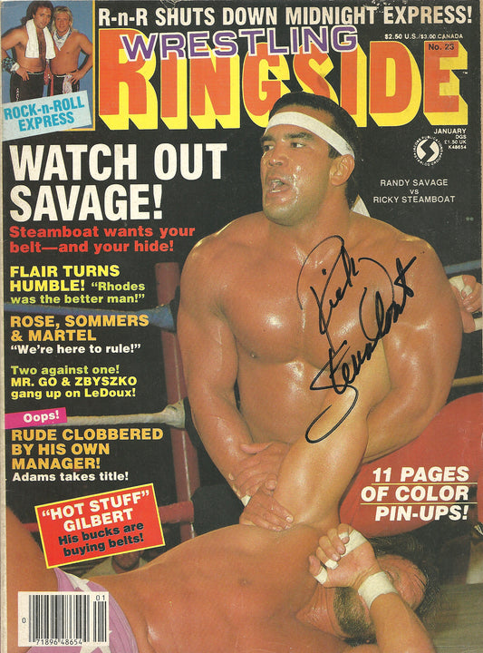 AM240 Ricky the Dragon Steamboat Autographed vintage Wrestling Magazine Poster w/COA