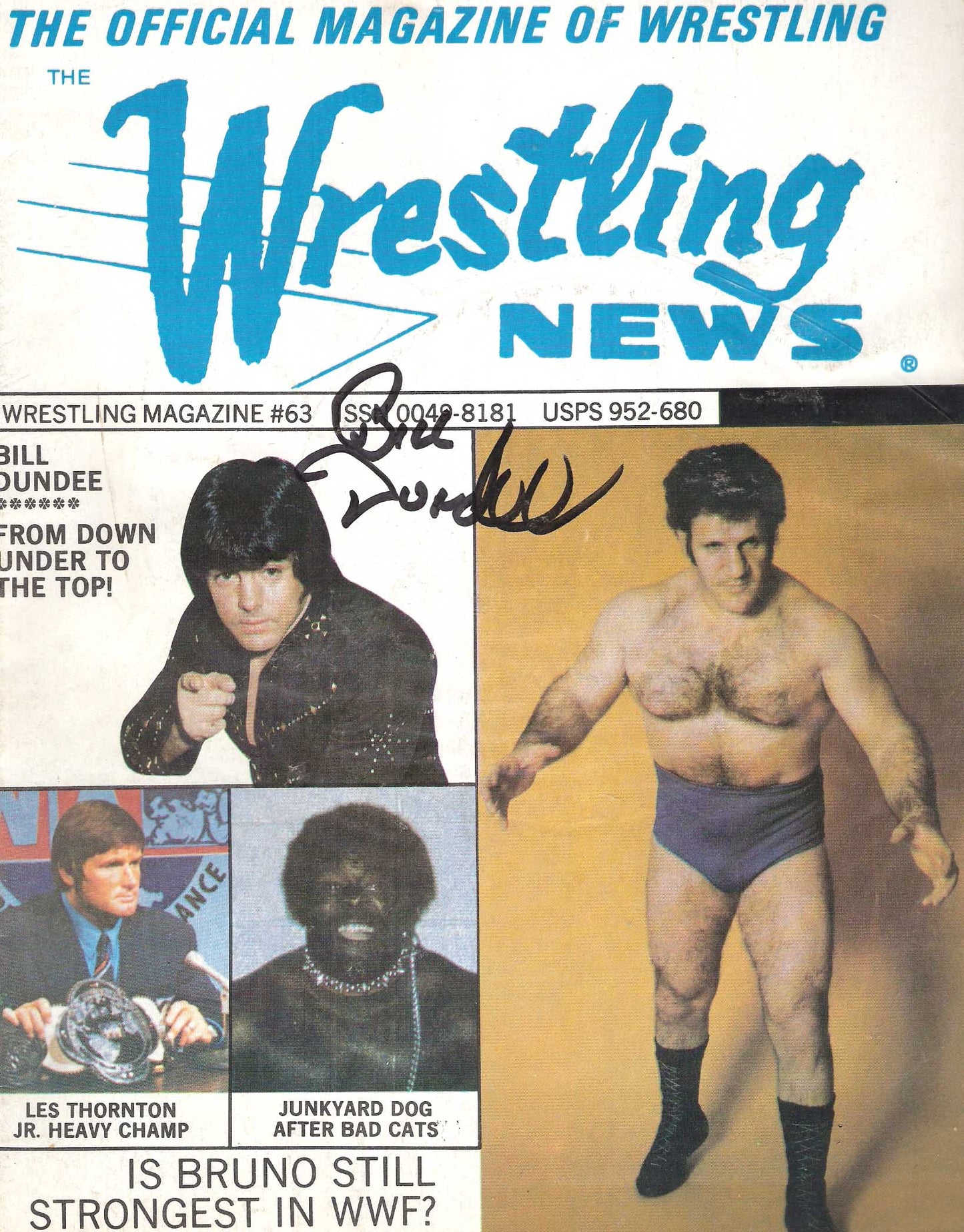AM298 Bill Dundee Autographed vintage Wrestling Magazine Poster w/COA