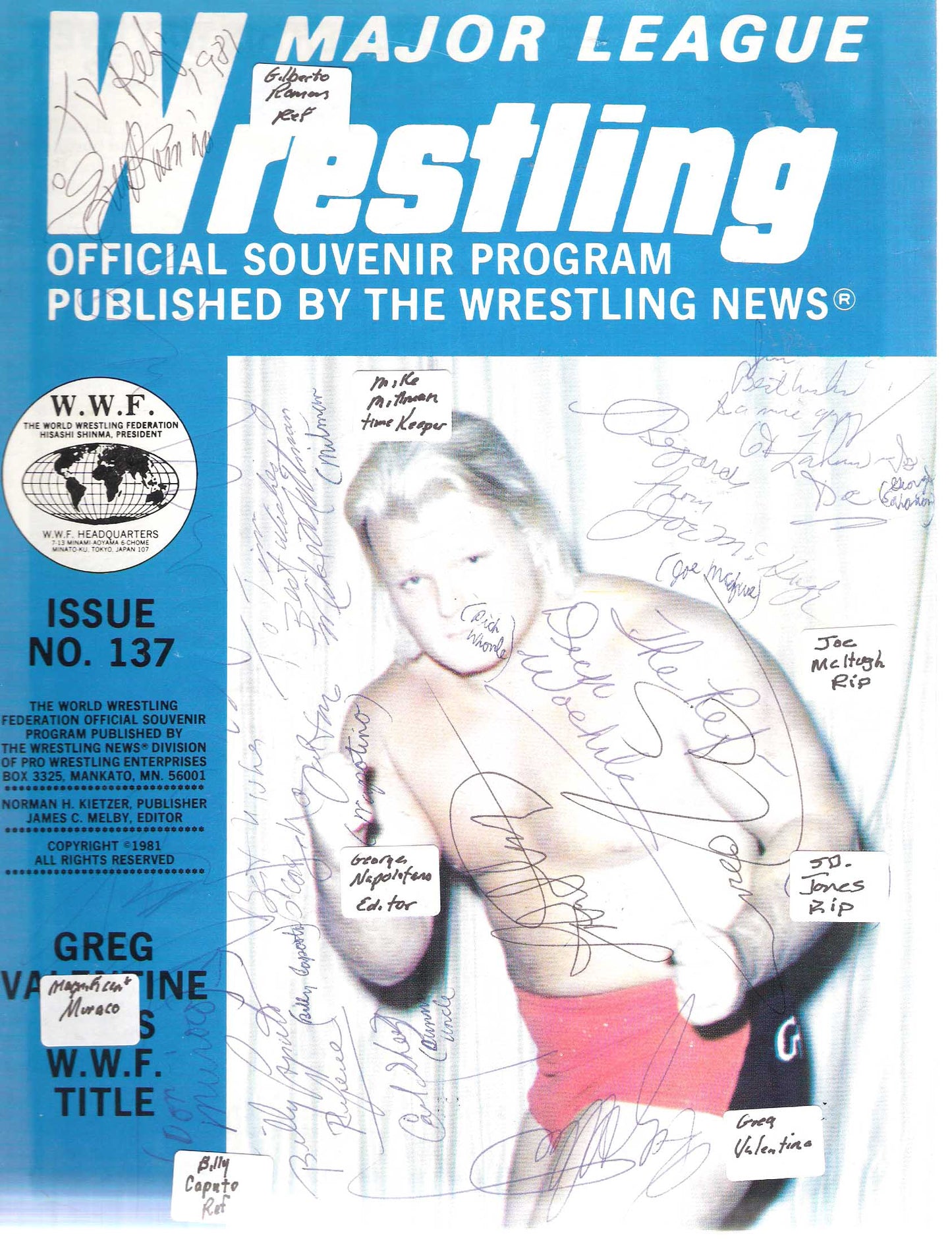 AM313 Multi Signed Many Deceased including Adrian Adonis ( Deceased ) Autographed vintage Wrestling Magazine w/COA