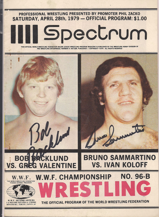 AM361 Bruno Sammartino ( Deceased ) Bob Backlund Autographed vintage Wrestling Magazine w/COA
