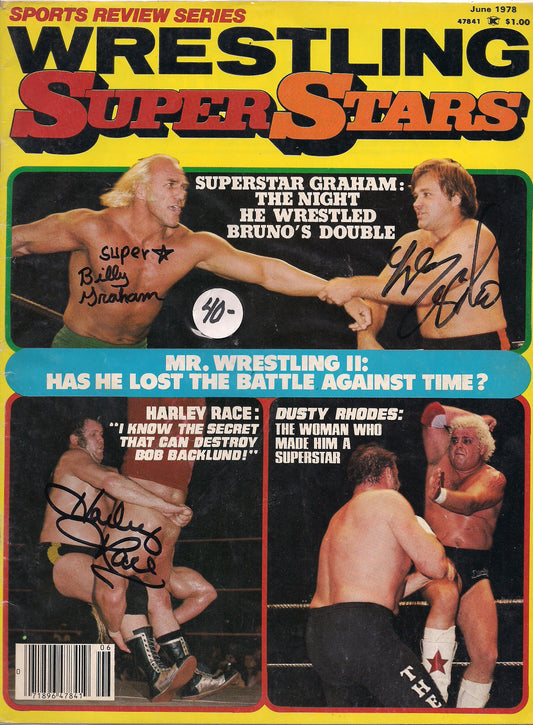 AM364 Harley Race ( Deceased ) Superstar Billy Graham Larry Zbyszko Autographed vintage Wrestling Magazine w/COA
