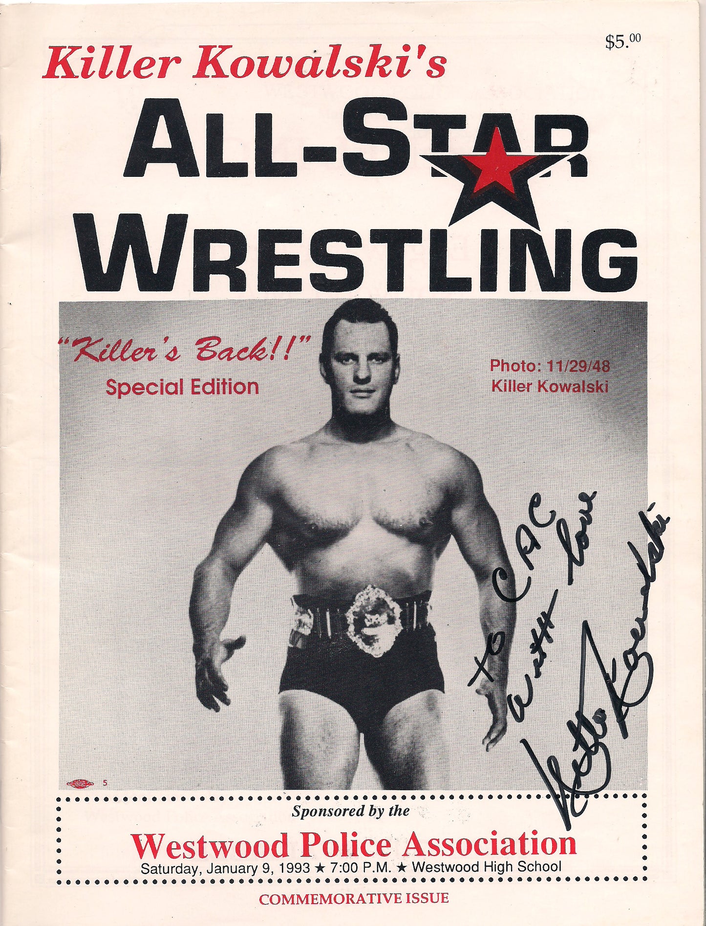 AM377 Killer Kowalksi ( Deceased ) Autographed vintage Wrestling Magazine w/COA