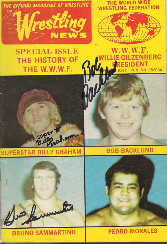 AM397 Bruno Sammartino ( Deceased ) Superstar Billy Graham Bob Backlund Autographed vintage Wrestling Magazine w/COA