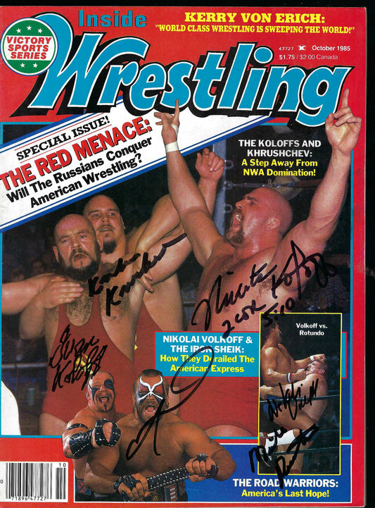 AM413 Ivan Koloff Nikita Koloff Khrusher Khrushchev Road Warrior Animal ( Deceased ) Nikolai Volkoff ( Deceased ) Mike Rotundo Autographed Wrestling Magazine w/COA