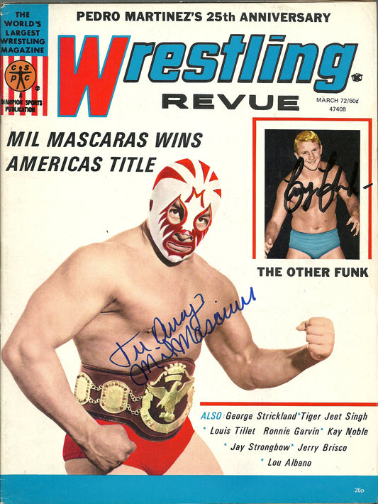 AM429 Mil Mascaras Terry Funk Autographed Vintage Wrestling Magazine w/COA