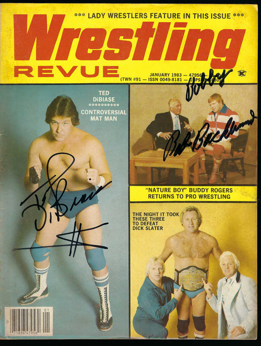 AM432 Ted DiBiase Bob Backlund Ricky Morton Autographed Vintage Wrestling Magazine and Poster w/COA