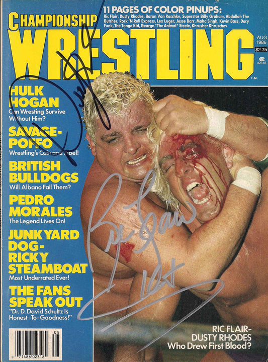 AM463 The American Dream Dusty Rhodes ( Deceased ) Nature Boy Ric Flair Autographed Vintage Wrestling Magazine w/COA