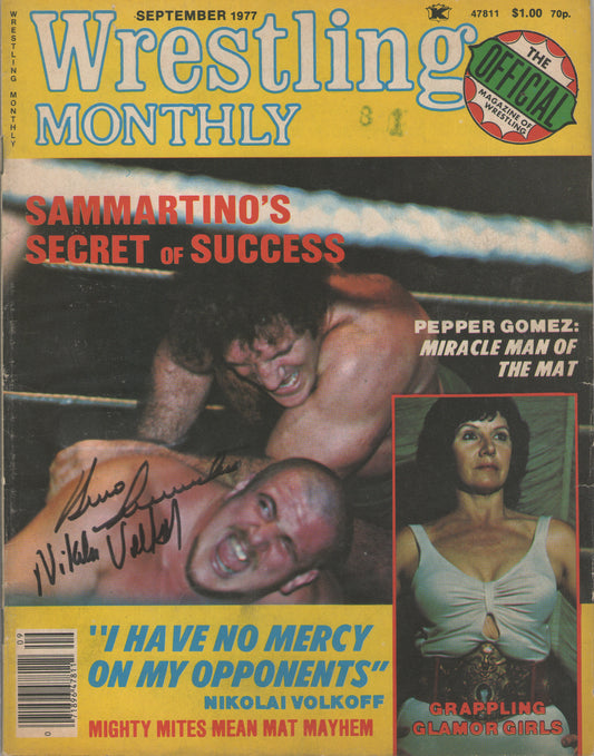 AM509 Bruno Sammartino Nikolai Volkoff ( Both Deceased ) Autographed Vintage Wrestling Magazine w/COA