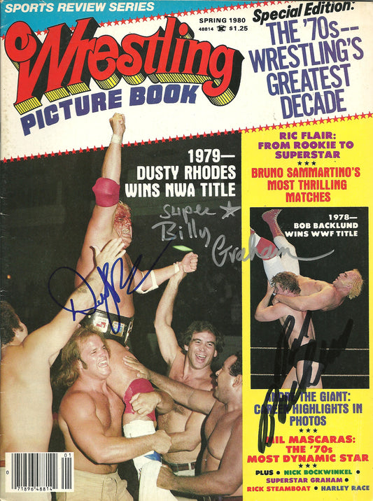 AM627 Bob Backlund Dusty Rhodes Superstar Billy Graham Vintage Wrestling Magazine w/COA