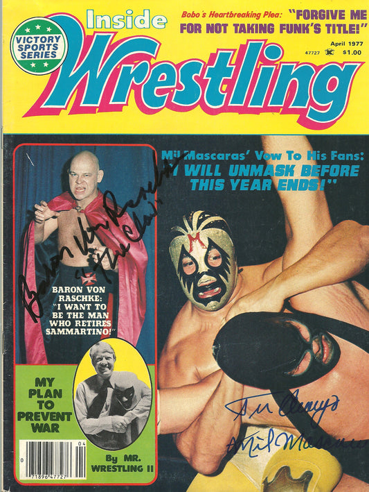 AM691 Mil Mascaras Baron Von Raschke Autographed vintage Wrestling Magazine w/COA