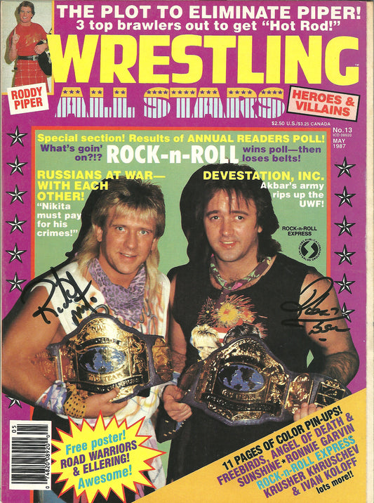 AM709 Rock and Roll Express Road Warrior Animal ( Deceased ) Precious Paul Ellering Autographed Vintage Wrestling Magazine w/ POSTER w/COA