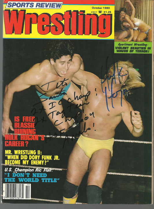AM713 Hulk Hogan Tito Santana VERY RARE Autographed Vintage Wrestling Magazine w/COA
