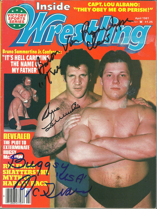 AM717 Bruno Sammartino ( Deceased ) Baron Von Raschke Bugsy McGraw VERY RARE Autographed Vintage Wrestling Magazine w/COA