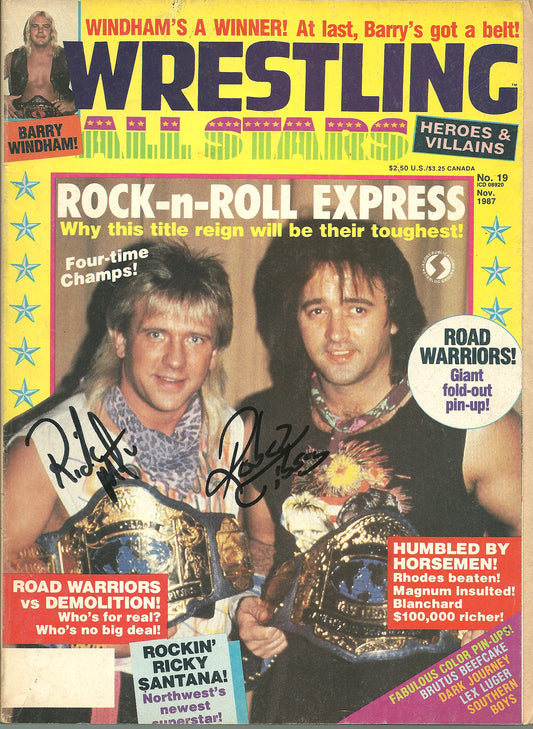 AM718 Rock and Roll Express Road Warrior Animal Paul Ellering VERY RARE Autographed Vintage Wrestling Magazine w/COA