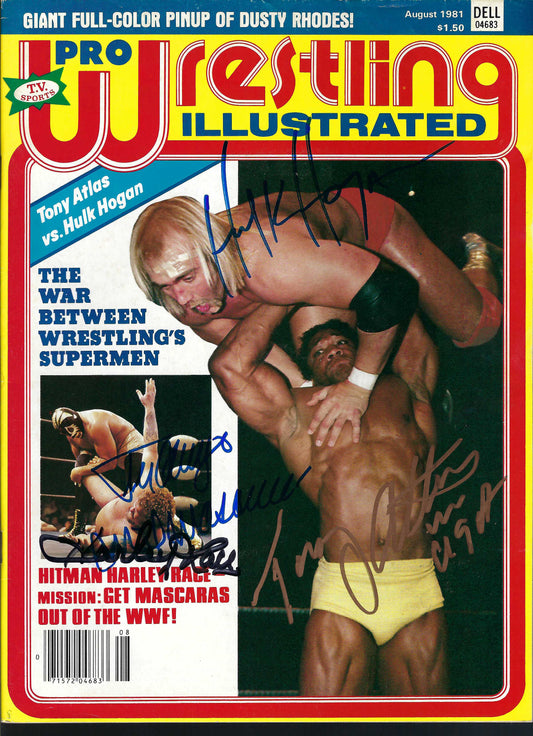 AM757 Mr. USA Tony Atlas Hulk Hogan Mil Mascaras Harley Race Autographed Vintage Wrestling Magazine w/COA