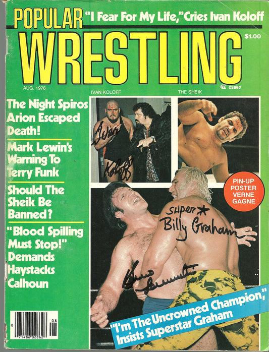 AM764 Superstar Billy Graham Bruno Sammartino ( Deceased ) Ivan Koloff ( Deceased ) Autographed Vintage Wrestling Magazine w/COA