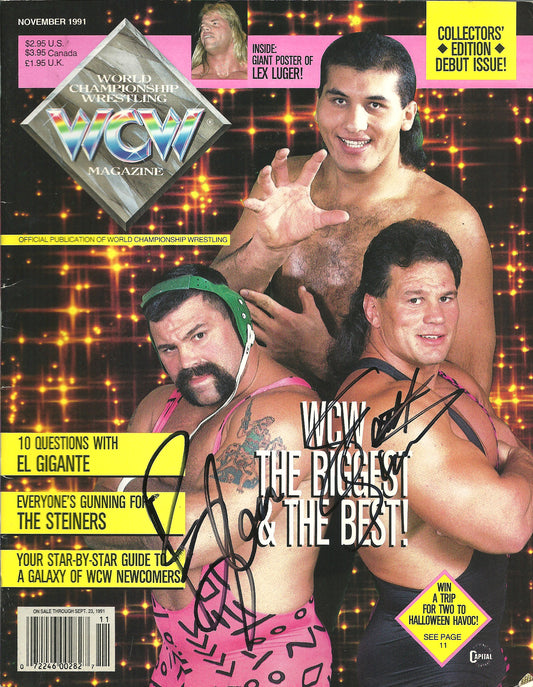 AM798 Steiner Brothers Lex Luger PREMEIRE ISSUE VERY RARE Autographed Vintage Wrestling Magazine w/COA