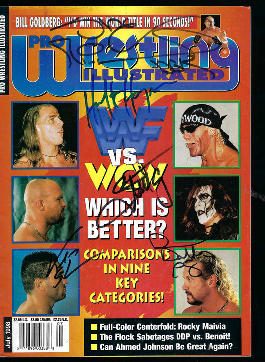 AM829 Hulk Hogan Sting Shawn Michaels Ken Shamrock Diamond Dallas Page VERY RARE Autographed Vintage Wrestling Magazine w/COA