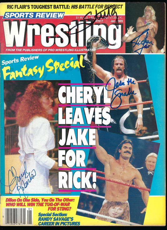 AM857 Jake Roberts Cheryl Roberts Ric Flair Sting VERY RARE Autographed Vintage Wrestling Magazine w/COA