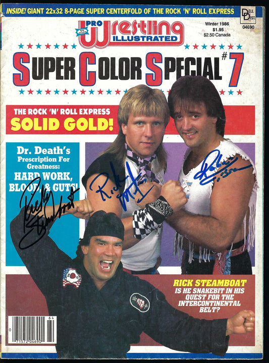 BD11 Ricky Steamboat X2 Rock and Roll Express 2X Masked Superstar Nikita Koloff Autographed Vintage Wrestling Magazine / Program w/COA