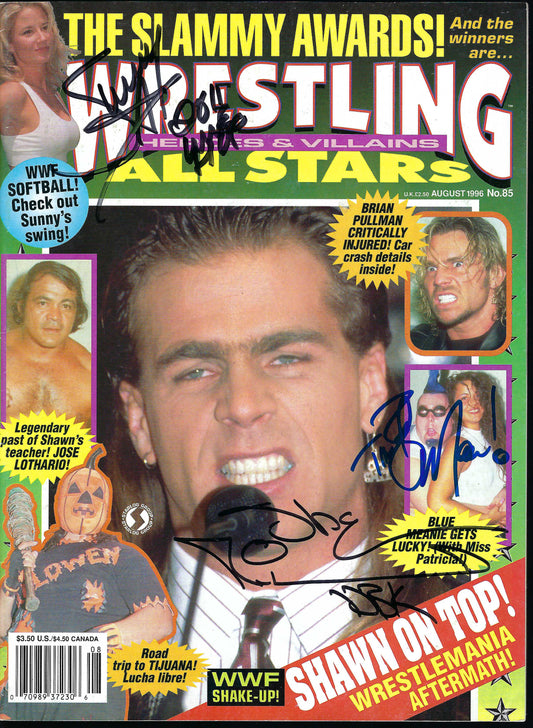 BD17 Shawn Michaels 2X Bret Hart Sunny Blue Meanie Autographed VERY RARE Vintage Wrestling Magazine w/COA